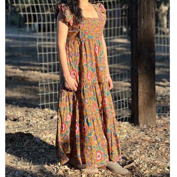 House of Harlow 1960 Jackie Mustard Floral Print Smocked Maxi Dress - Picture 2 of 13